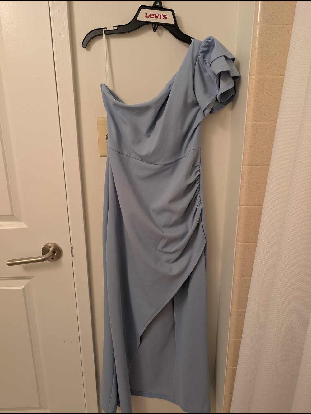 One-Shoulder Powder Blue Draped Evening Dress